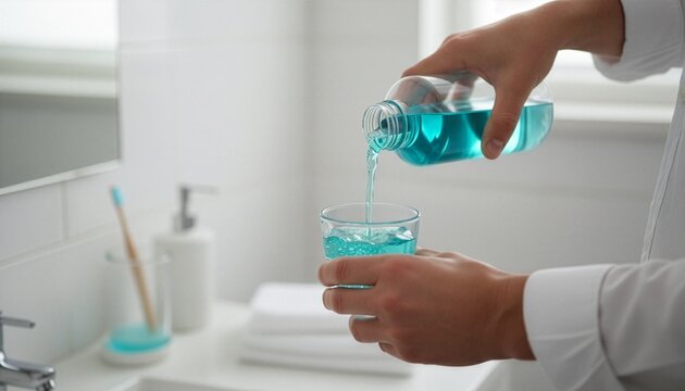 A person pouring blue mouthwash from a bottle into a small glass cup in a bathroom setting. This daily routine image highlights oral hygiene, refreshing breath, and dental healthcare concepts.
