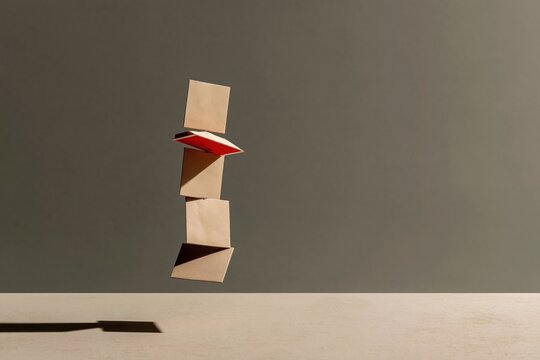 Agentic ai workflow represented by a column of floating khaki cards over a grey surface, minimalist and sharp for tech platforms with copy space
