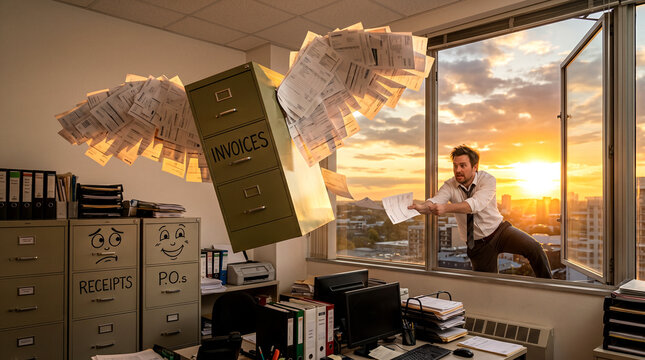 Filing cabinet flying out window with invoice wings surreal accountant stock