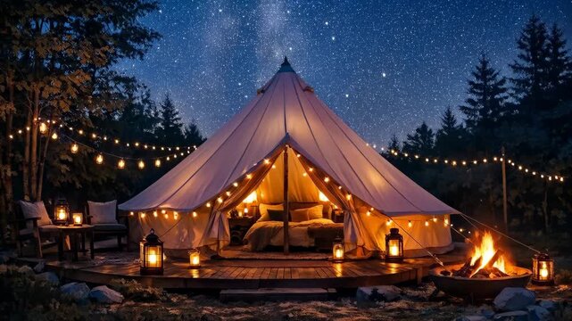 Cozy Glamping Bell Tent under a Starry Night Sky with a Campfire