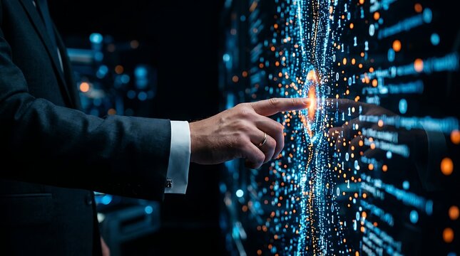 Businessman in dark suit touches a digital wall of glowing orange binary code and blue light strings representing global networking and artificial intelligence.