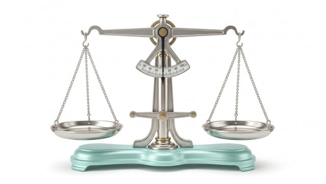Detailed metallic weighing scale balancing heavy objects with precision engineering features shown on white background