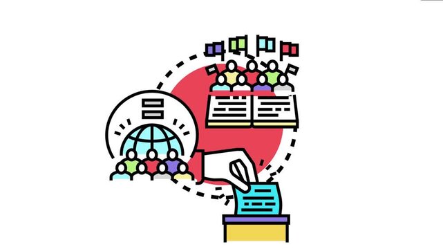 Concept depicting citizens participating in an electoral process, casting ballots into a box, with symbols of global community, public opinion, and political engagement evident