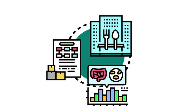 Main site menu concept various elements like a restaurant building with cutlery. A document with packages. An intestine icon with food. And a bar chart