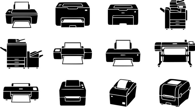 Printer and Printing Machine Silhouette Icon Set with Office, Laser, Inkjet, Thermal and Large Format Devices
