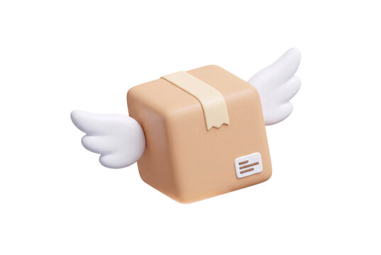 Cardboard box with wings with rendered cardboard shipping distribution on transparent background