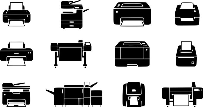Printer and Printing Machine Silhouette Icon Set with Office, Laser, Inkjet, Thermal and Large Format Devices
