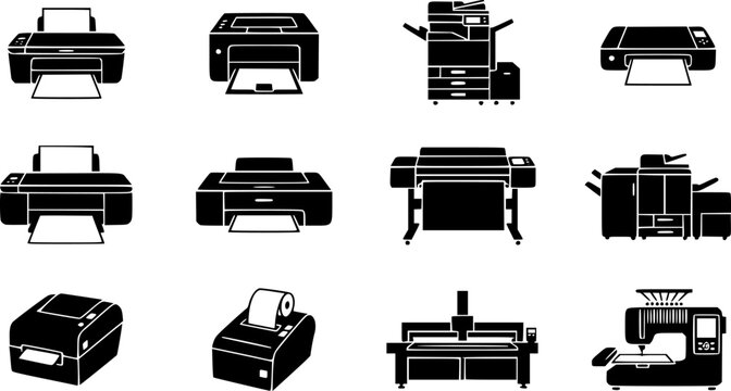 Printer and Printing Machine Silhouette Icon Set with Office, Laser, Inkjet, Thermal and Large Format Devices
