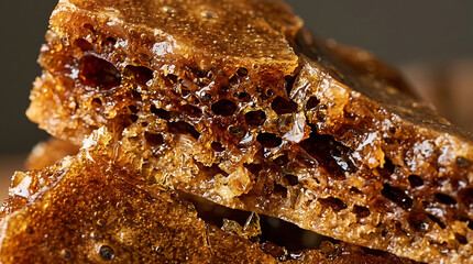 Fototapeta premium Honeycomb candy texture macro closeup, sweet brittle caramel sugar snack