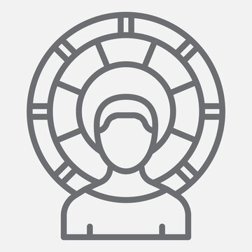 Time traveler line icon, time machine, time warp concept. Vector graphics. Time travel machine and person sign with outline style icon for mobile or web