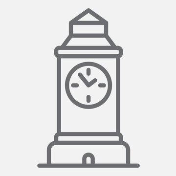 Clock tower line icon, city landmark concept. Vector graphics. Tower clock, city building sign with outline style icon for mobile or web