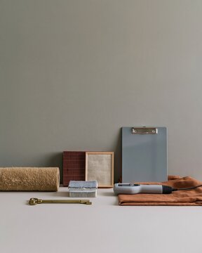 Grey steel clipboard and thermal reader with insulation materials, a minimalist arrangement for boiler service and heating maintenance