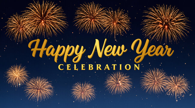 Happy New Year Celebration Text with Festive Gold Fireworks Collage in Night Sky
