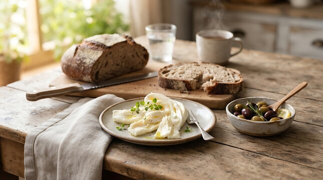 A traditional rustic breakfast with dil peyniri cheese, fresh homemade bread, olives, and hot coffee on a table
