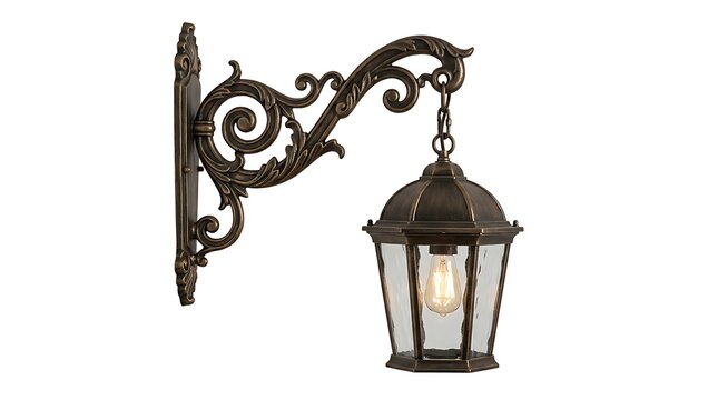 Decorative vintage black iron wall lamp with ornate scrollwork bracket