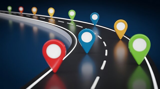 A winding asphalt road featuring colorful location markers representing multiple travel destinations and navigation waypoints