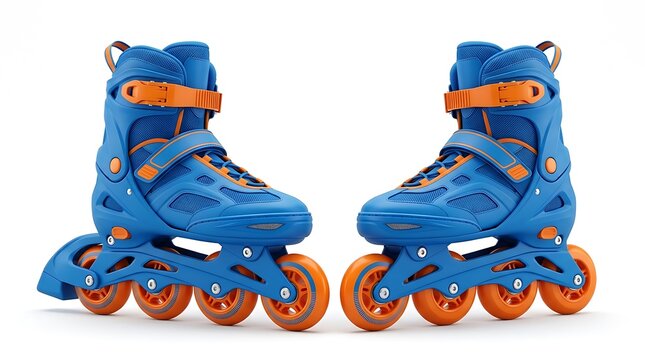 Pair of blue and orange inline skates for outdoor sports and recreational skating activity