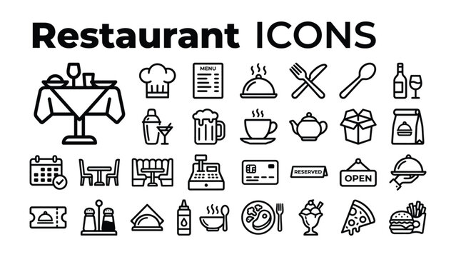 Restaurant Icons Collection: A comprehensive set of line-art icons representing various elements of the restaurant industry, from dining settings and food to service and payment.