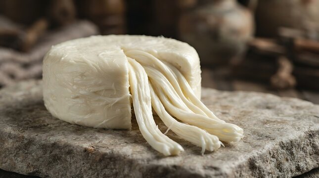 A round wheel of delicious dil peyniri cheese with stringy strands pulled apart on a rustic stone surface