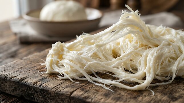 Fresh handmade traditional turkish string cheese known as dil peyniri on a rustic wooden cutting board