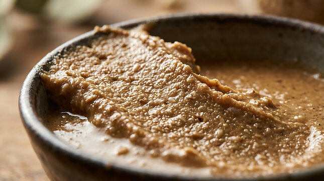 Creamy tahini paste in a rustic bowl, close-up macro shot