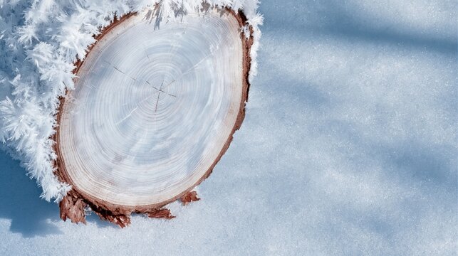 Winter background featuring a snow-covered log with frost-lined growth rings on a cold white field, providing calm copy space for seasonal campaigns