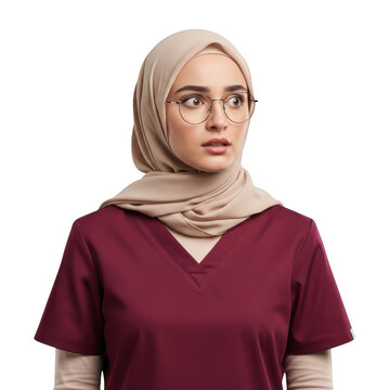 Woman wearing maroon hijab and headscarf looking forward
