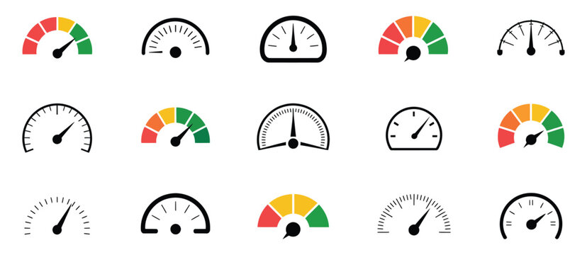 Speedometer Icon Set depicting tachometer gauges, speed scales, performance indicators, dashboard controls, and automotive measurement symbols