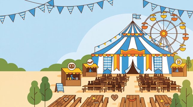 A lively outdoor festival scene featuring a large striped circus tent, a Ferris wheel, food stalls, and numerous picnic tables set up for a gathering.