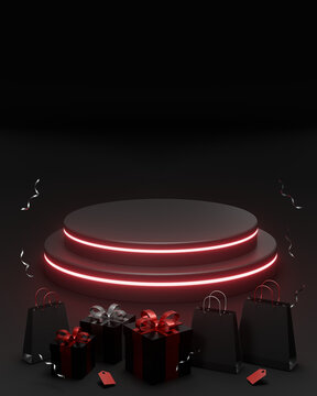 Black Friday 3D Promotional Background with Neon Red Podium, Gift Boxes, Shopping Bags and Copy Space
