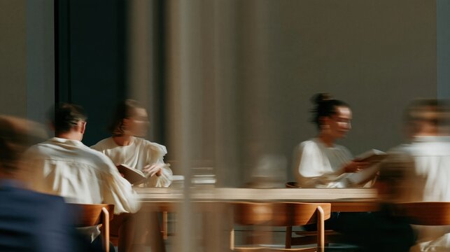 Four readers at long timber tables in a contemporary reading room, featuring smooth motion blur and muted tones for a peaceful atmosphere
