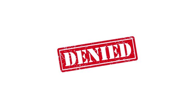 Red denied rubber stamp impression on white background, grunge texture effect, official rejection concept