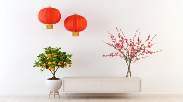 Minimalist Lunar New Year home interior featuring red lanterns, kumquat tree, and pink plum blossoms in a bright contemporary room with pale wood furniture