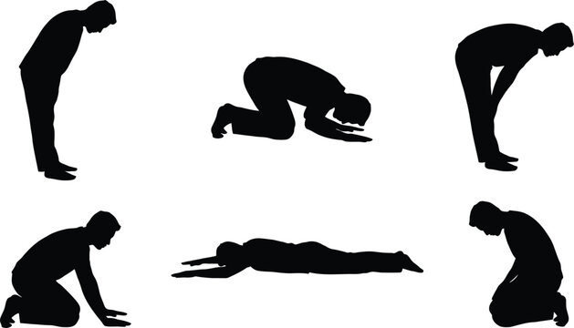 Set of black silhouettes featuring a man kneeling, bowing, and prostrating in various floor poses