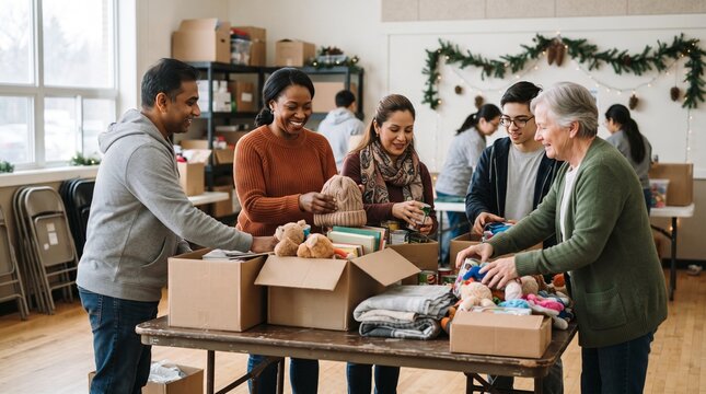 Diverse volunteers organizing Christmas donation packages with food, clothing and gifts at a community center.
