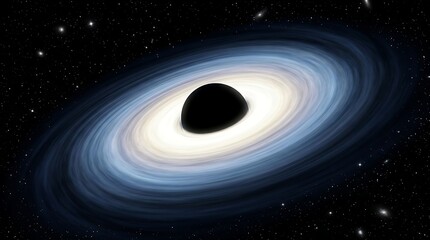 Artistic representation of black hole in deep space with accretion disk glowing with blues and whites, surrounded by stars and nebulae, scientific illustration.