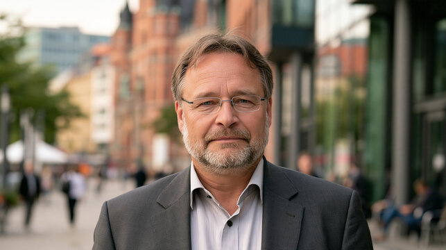 Gesch&auml;ftsmann mit Brille im Anzug vor urbaner Stra&szlig;enkulisse, nat&uuml;rliche Farben, realistisch, f&uuml;r Unternehmenswebsites und Businessprofile.