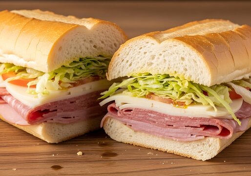 Two fresh tasty sub sandwiches with meat and vegetables on a dark wooden table