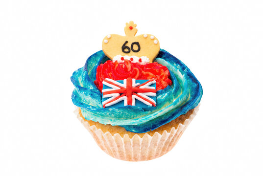Sixtieth Anniversary Celebration Cupcake with Union Jack and Crown Topper