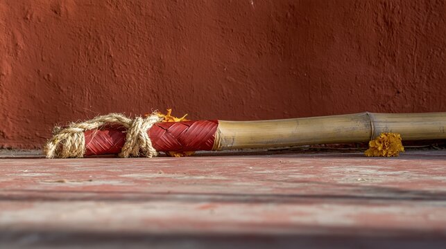 Vermilion bamboo joint bound with jute rope and a marigold flower, a rustic effigy symbol on a dusty surface with copy space for festive banners