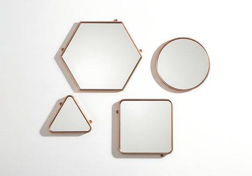 Set of modern wall mirrors with copper metal frames in geometric shapes including circle and square