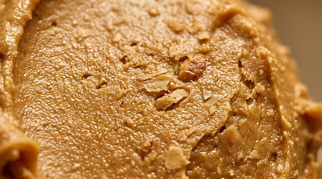 Smooth peanut butter texture with crunchy peanut pieces, macro shot