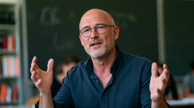 Glatzk&ouml;pfiger Mann mit Brille gestikuliert lebhaft im Gespr&auml;ch vor B&uuml;cherregal, warme T&ouml;ne, realistischer Stil f&uuml;r Bildung und Unternehmenskommunikation.