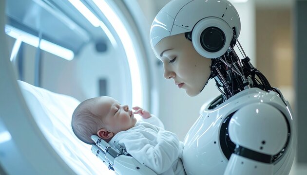 Futuristic robot caregiver holding newborn baby in a sterile environment.