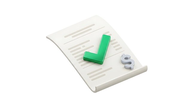 3d render of a paper document with a green check mark symbol and a dollar sign icon