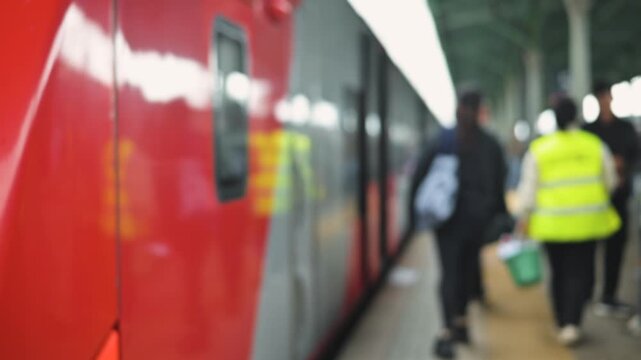 People are seen boarding a train at a platform. Out-of-focus background of a train station at rush hour.