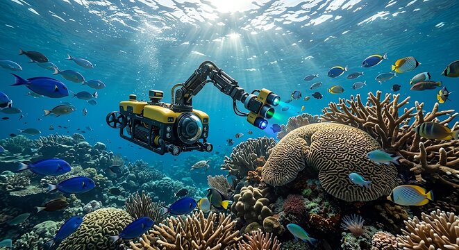 Underwater ROV robot exploring coral reef with tropical fish in deep blue ocean water