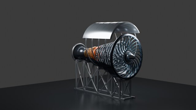 Futuristic Jet Aircraft Engine 3D Render on Dark Industrial Background