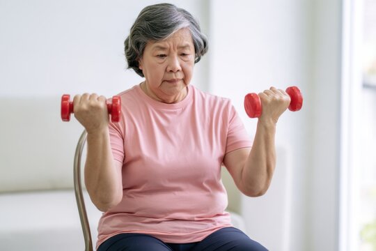 Senior Asian woman performing seated strength training at home, lifting small red dumbbells with controlled bicep curls, wearing a pink T-shirt and dark pants in a bright indoor setting