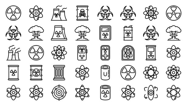 Nuclear sign line icons set with editable stroke featuring radioactive radiation hazard atomic energy plant and toxic waste vector symbols in black and white